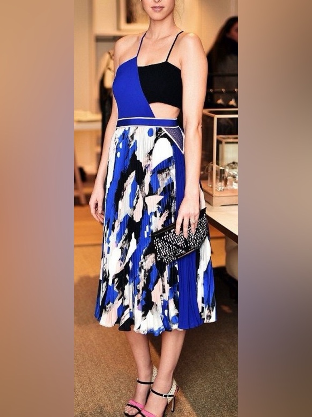 Three Floor Cobalt Interlock Asymmetric Accordion Pleated Midi Dress